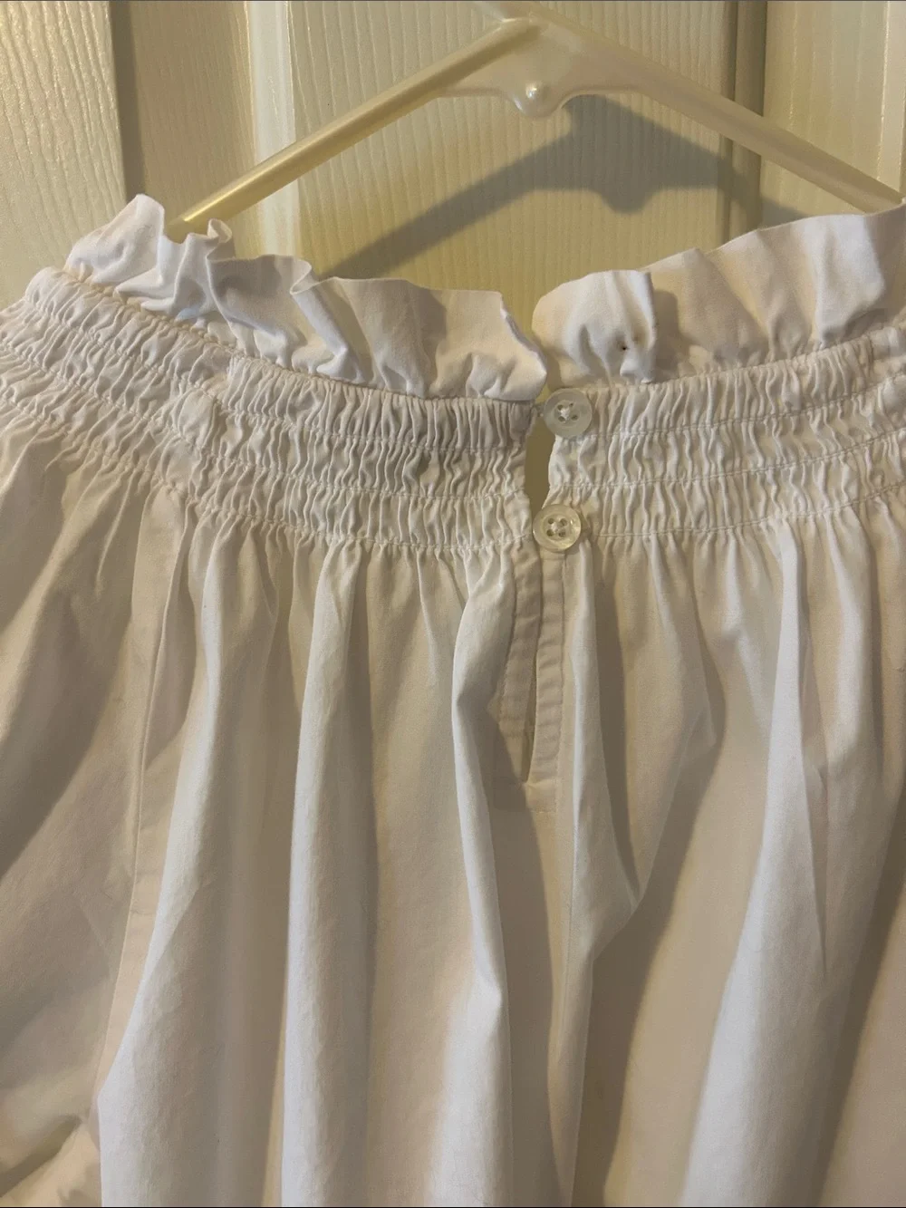 J. Crew White Smocked Ruffle-Neck Blouse
